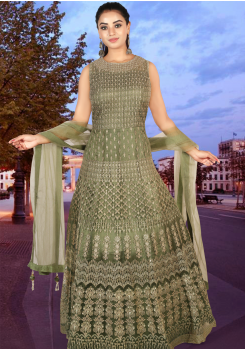 Soldier Green Color Net Designer Gown